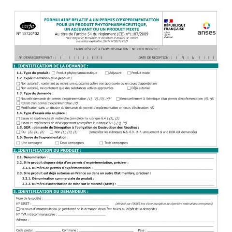 Aperçu du document Autorisation d'expérimentation agricole : guide du formulaire 15720*02 — Démarches administratives (CERFA n°15720*02)