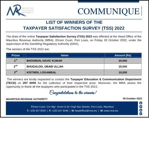 Document preview: Winners of the 2022 Taxpayer Satisfaction Survey — Taxes (CommuniqueTSS281022)