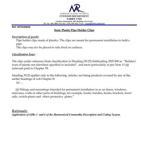 Document preview: Understanding Pipe Holder Clips Classification for Compliance — Government & admin (PipeHolderClips)