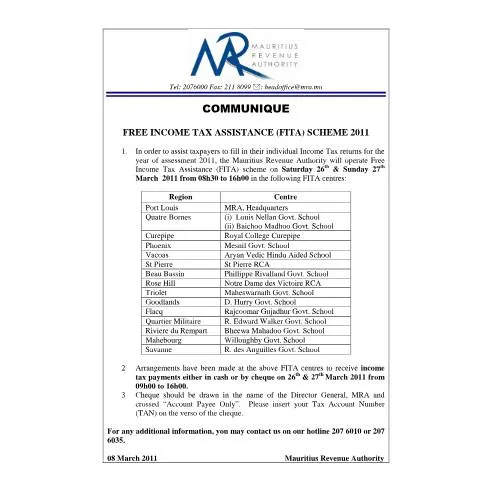 Document preview: Mauritius Free Income Tax Assistance Scheme 2011 — Taxes (CommuniqueFITA2011)