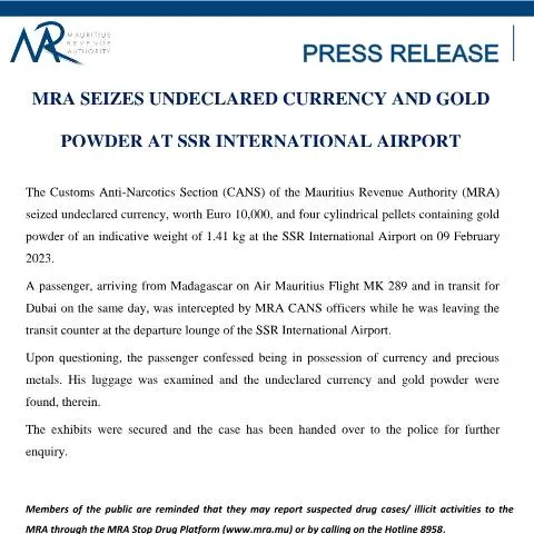 Document preview: Significant Currency and Gold Seizure by MRA at SSR Airport — Government & admin (PressRelease151123)