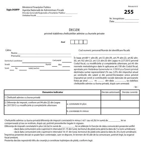 Document preview: Reguli pentru cheltuielile cu bursele private în România — Impozite & fiscalitate (CERFA n°255_OPANAF_50_2019)