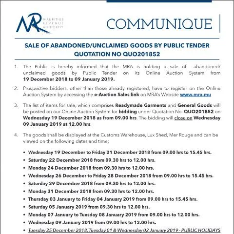 Document preview: Bid on Abandoned Goods: A Public Tender Opportunity — Government & admin (Communique52of2018)