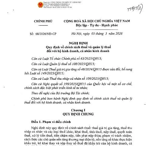 Document preview: Nghị định 68/2026/NĐ-CP: Quy định mới về thuế cho hộ kinh doanh — Thuế & tài chính (CERFA n°68/2026/NĐ-CP)