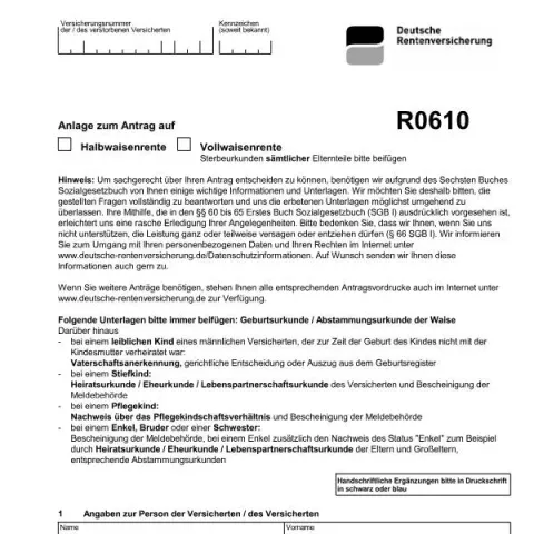 Dokumentvorschau: Verstehen des Antragsformulars R0610 für Waisenrenten — Rente & Pension (R0610)