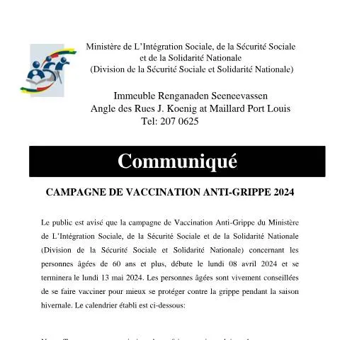 Document preview: Mauritius Announces 2024 Influenza Vaccination Drive — Government & admin (CERFA n°Communique-Anti-Grippe-2024)