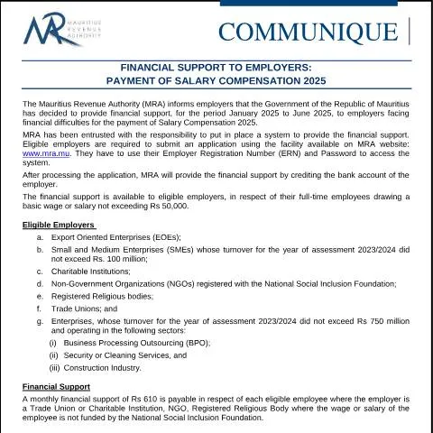 Document preview: Mauritius Employer Salary Support Scheme 2025 — Taxes (CommuniqueFA030325)