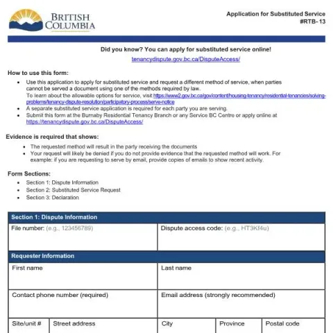 Document preview: Guide to Application for Substituted Service (Form RTB-13) — Housing (RTB-13)