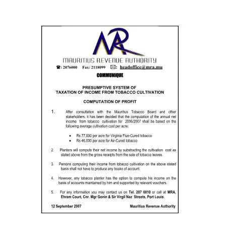 Document preview: Understanding Tobacco Income Tax Regulations in Mauritius — Taxes (CERFA n°TobaccoCultivation)