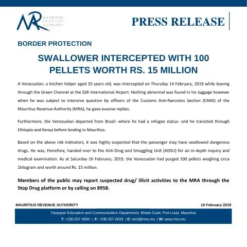 Document preview: Mauritian Customs Seize 100 Pellets from Drug Swallower — Government & admin (DrugSeizure180219)