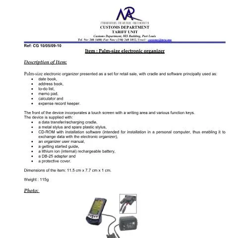 Document preview: Essential Guide to Palm Size Electronic Organizer Classification — Government & admin (PalmSize_organiser)