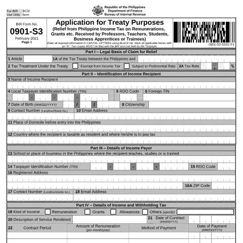 Document preview: Navigating BIR Form No. 0901-S3 for Tax Relief — Taxes (CERFA n°0901-S3)