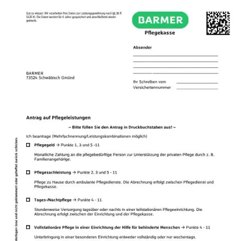 Dokumentvorschau: Pflegeleistungen beantragen bei der BARMER — Gesundheit (44100)