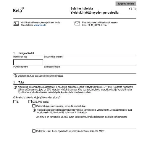 Document preview: Yleistuki työttömyyden perusteella ja sen merkitys — Työ & työllisyys (CERFA n°Kela YE 1a)