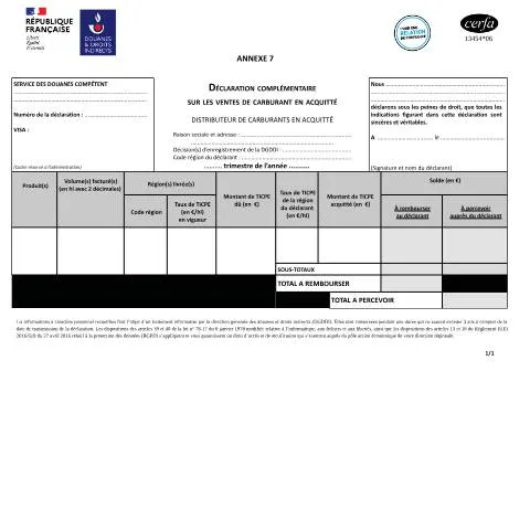 Aperçu du document Formulaire 13454*06 : ventes de carburants en acquitté expliquées — Démarches administratives (CERFA n°13454*06)