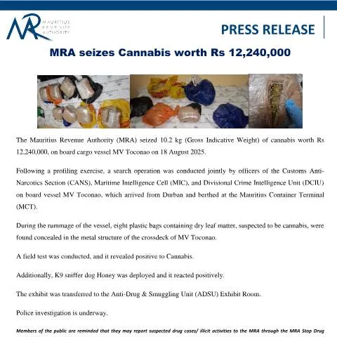 Document preview: Significant Cannabis Seizure by MRA on Cargo Vessel — Government & admin (PressRelease0190825)