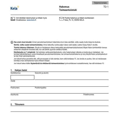 Document preview: Toimeentulotuki: Hakemusprosessi ja sen merkitys — Tuet & sosiaalietuudet (CERFA n°Kela TO 1)