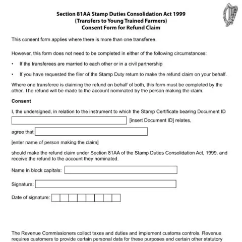 Document preview: Section 81AA Stamp Duties Refund Consent Form — Taxes (S81AA Consent)
