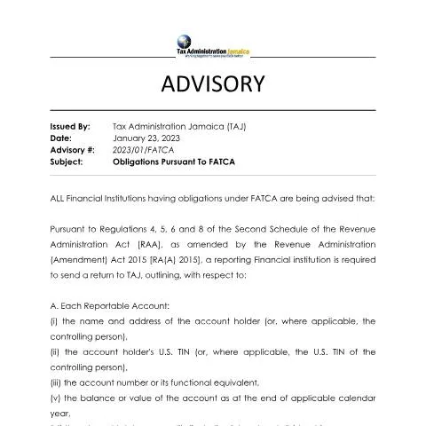 Document preview: Understanding FATCA Obligations for Jamaican Financial Institutions — Government & admin (CERFA n°FATCA_Advisory_30_1_2023)