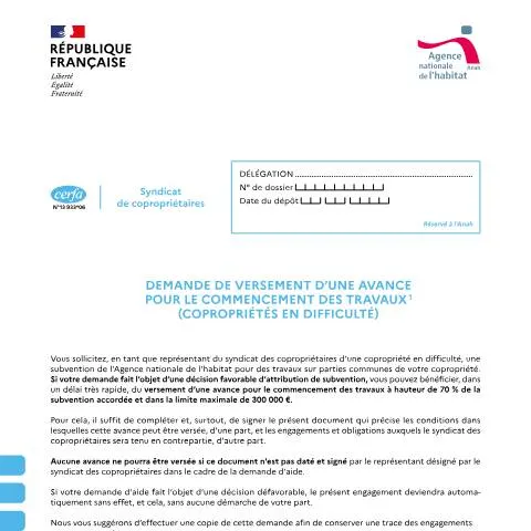Aperçu du document Demande d'avance Anah : financer les travaux sans trésorerie — Logement (CERFA n°13933*06)