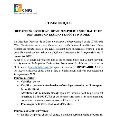 Aperçu du document Certificat de Vie 2022 : Retraités Ivoiriens à l'Étranger — Retraite & pension
