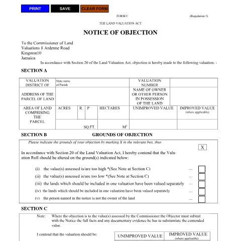 Document preview: Understanding the Land Valuation Notice of Objection in Jamaica — Government & admin (CERFA n°ObjectionFormC20170417)