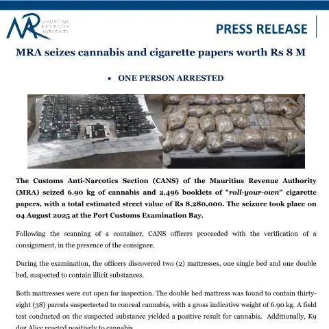 Document preview: Significant Cannabis and Cigarette Papers Seizure by MRA — Government & admin (CERFA n°PressRelease080825)