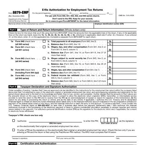 Document preview: A Comprehensive Guide to IRS Form 8879-EMP — Taxes (CERFA n°8879EMP)