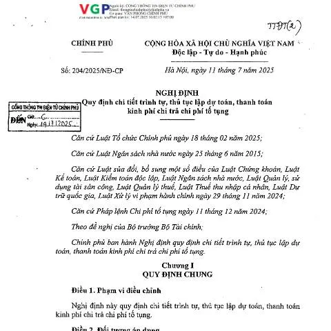 Document preview: Chi tiết về Nghị định 204/2025/NĐ-CP và quy trình chi trả chi phí tố — Thủ tục hành chính (CERFA n°204/2025/NĐ-CP)