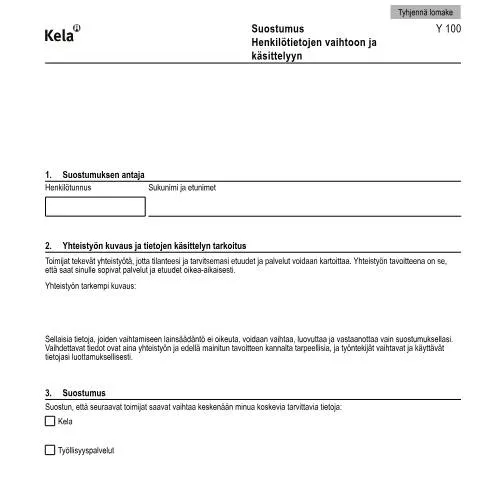 Document preview: Henkilötietojen käsittelyn suostumus ja oikeutesi — Hallinnolliset asiat (CERFA n°Kela Y 100)