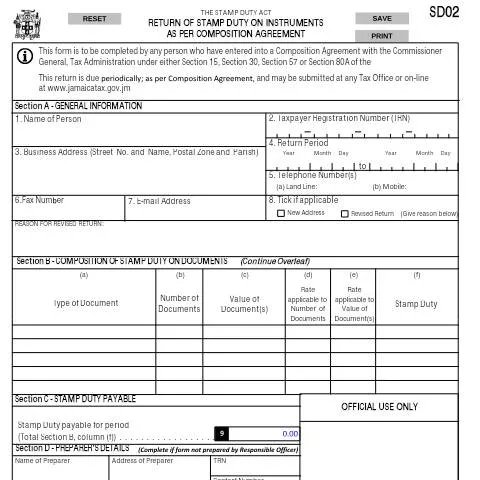 Document preview: Guide to the SD02 Stamp Duty Return Form in Jamaica — Government & admin (CERFA n°sd02_01092016)