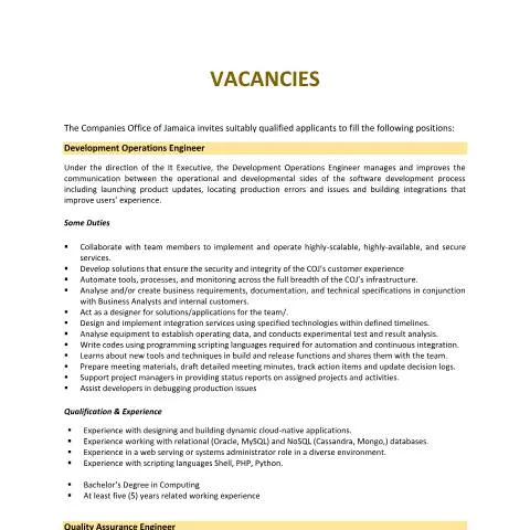 Document preview: Explore Exciting Job Vacancies in Jamaica — Work & employment (CERFA n°VACANCIES_OCTOBER9TH2022)