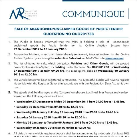 Document preview: Guide to the Auction of Abandoned and Unclaimed Goods — Government & admin (CommuniqueQ38of2017)