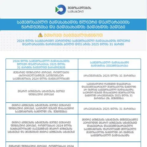 Document preview: 2024 წლის საშემოსავლო გადასახადის დეკლარაციის წარდგენის ვადები — ბაჟები და გადასახადები