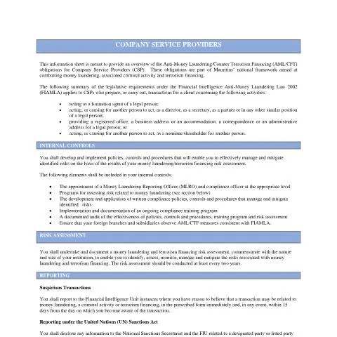 Document preview: Revised Company Service Providers Fact Sheet Overview in Mauritius — Legal & justice (CERFA n°COMPANY-SERVICE-PROVIDERS-FACT-SHEET-REVISED)