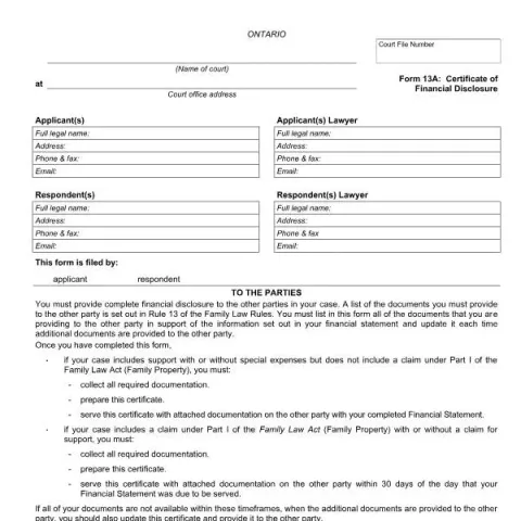 Document preview: Understanding Ontario Court Form 13A: Certificate of Financial — Legal & justice (FLR 13A)