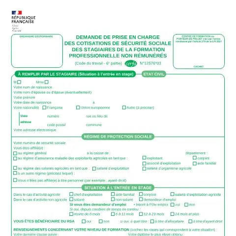 Aperçu du document Prise en charge des cotisations sociales pour stagiaires non rémunérés — Aides & prestations sociales (CERFA n°12576*03)
