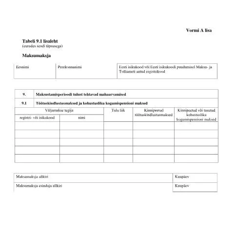 Document preview: VORM A TABEL 9.1 LISALEHT - Maksudeklaratsiooni Täiendav Vorm — Maksud ja maksustamine (CERFA n°VORM A TABEL 9.1 LISALEHT)