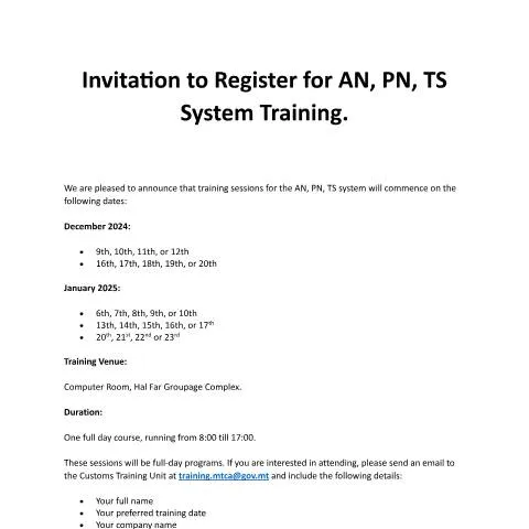 Document preview: Enhance Your Skills with AN-PN-TS Training Registration — Customs & trade (CERFA n°invitation-to-register-for-anpnts-training-26-11-24)