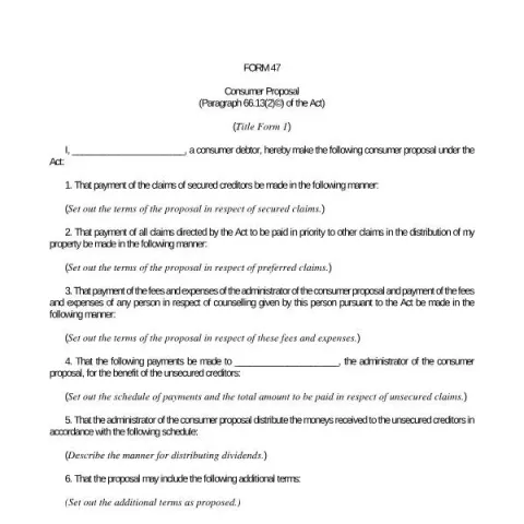 Document preview: Understanding the Consumer Proposal (Form 47) in Canada — Legal & justice (Form 47)