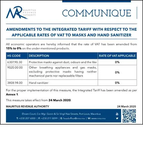 Document preview: Mauritius VAT Exemption on Masks and Hand Sanitizer — Government & admin (Communique240320)