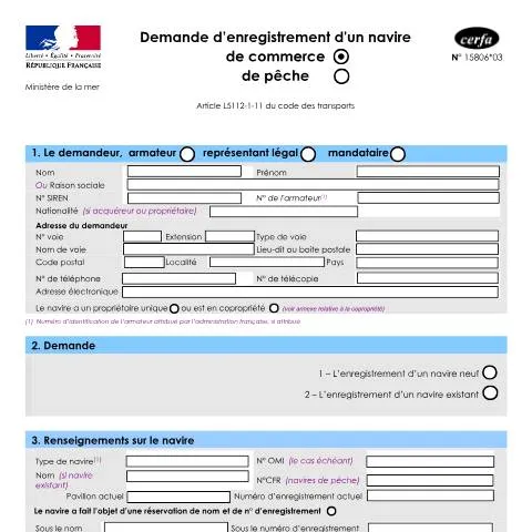 Aperçu du document Immatriculation maritime : démarches pour navires professionnels — Démarches administratives (CERFA n°15806*03)