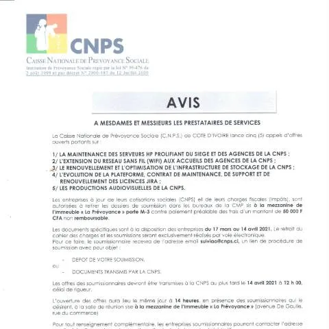 Aperçu du document Opportunités des Appels d'Offre de la CNPS en 2021 — Démarches administratives