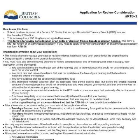 Document preview: Guide to RTB-2 Application for Review in BC Tenancy Disputes — Housing (RTB-2)