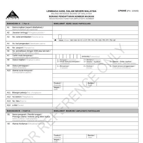 Document preview: Borang CP600E: Panduan Pendaftaran Majikan di Malaysia — Proses pentadbiran (CERFA n°CP600E)
