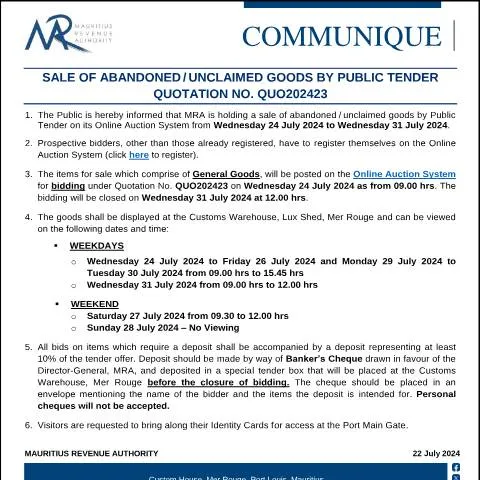 Document preview: Public Tender Sale of Abandoned and Unclaimed Goods by MRA — Government & admin (CommuniqueQuo202423)