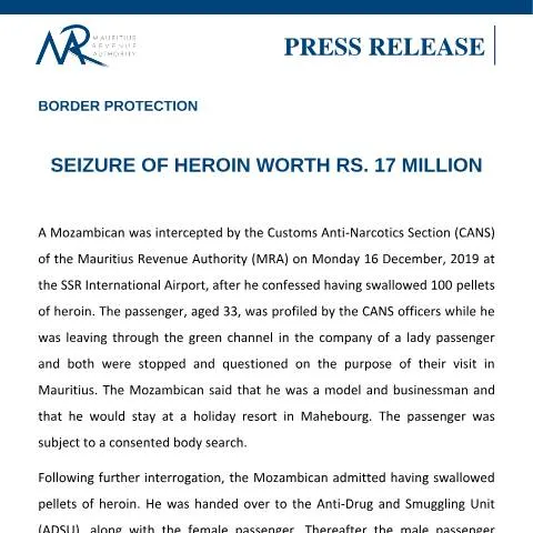 Document preview: Significant Drug Seizure at SSR International Airport — Government & admin (CERFA n°PressRelease241219)