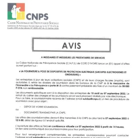 Aperçu du document Opportunité d'appel d'offre pour dispositifs électriques en Côte — Démarches administratives