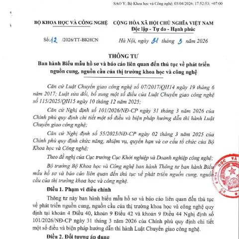 Document preview: Thông Tư 12/2026/TT-BKHCN: Định Hình Thị Trường Khoa Học — Thuế & tài chính (CERFA n°12/2026/TT-BKHCN)