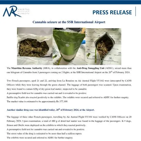 Document preview: Significant Cannabis Seizure at SSR International Airport — Government & admin (PressRelease200224)